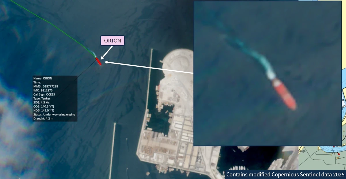A low resolution satellite image overlaid with AIS data showing a vessel entering port.