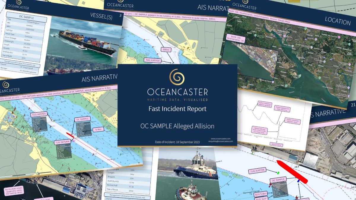 Composite image showing selection of screenshots from a fast incident report regarding an allision by OC SAMPLE.