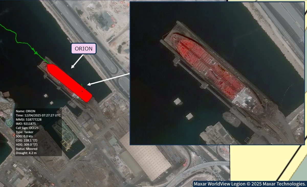Composite image showing AIS from a vessel overlayed with high resolution satellite imagery.
